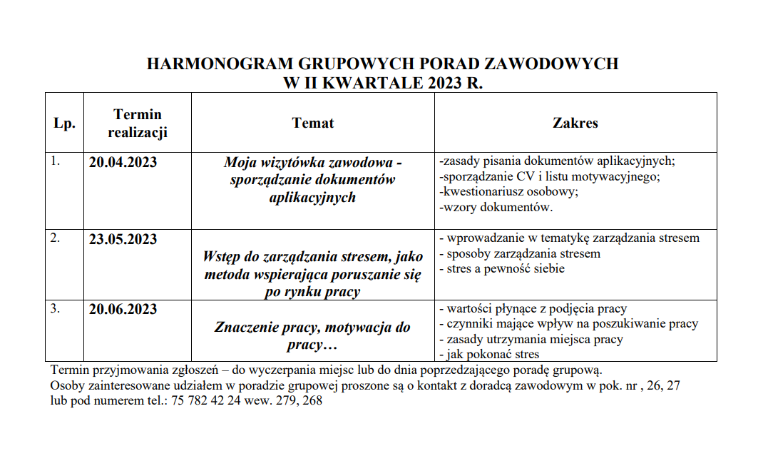 Harmonogram grupowych porad zawodowych II kwartał 2023