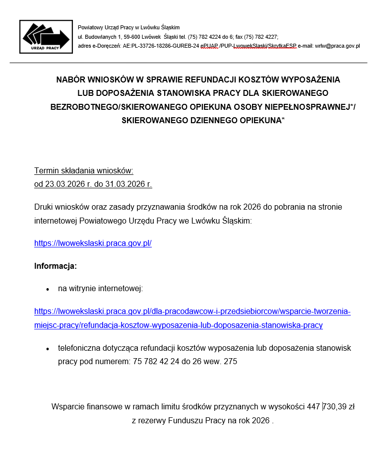 Obrazek dla: NABÓR WNIOSKÓW W SPRAWIE REFUNDACJI KOSZTÓW WYPOSAŻENIA...