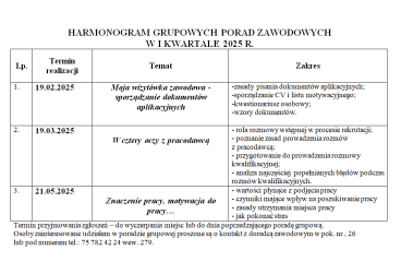 Zdjęcie artykułu HARMONOGRAM GRUPOWYCH PORAD ZAWODOWYCH I kwartał 2025